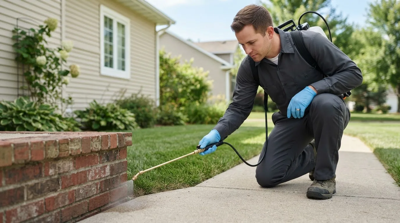 Pest control technician treating a home near Union City, GA